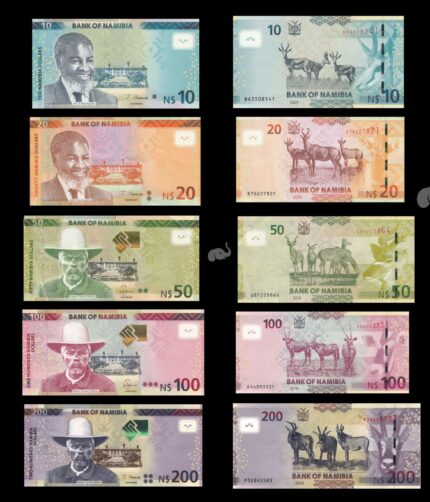 Namibia 10-200 Namibia Dollars 2019-22 Year set of 5 UNC Bank Notes