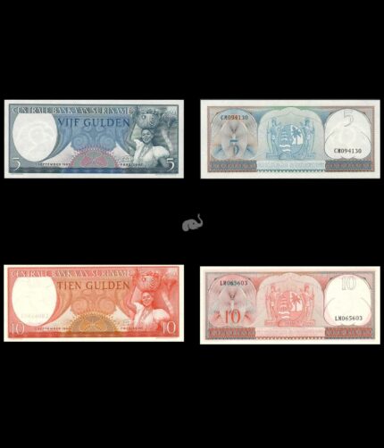 Suriname 5 & 10 Gulden 1963 set of 2 UNC Bank Notes