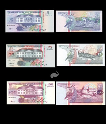 Suriname 5,25, 100 Gulden 1998 Set of 3 UNC Notes
