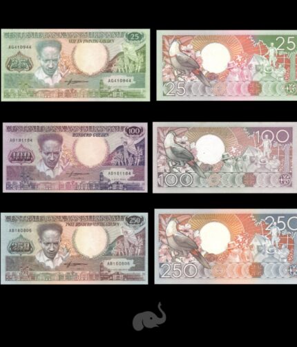 Suriname 25,100, 250 Gulden 1986-88 Set of 3 UNC Bank Notes