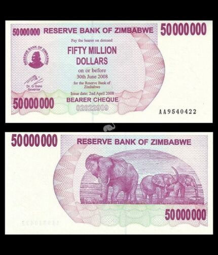 Zimbabwe 50 Million Dollars 2008 P-57 UNC Bank Note