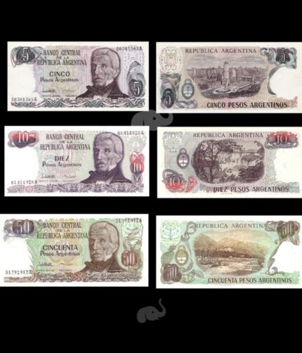 Argentina 5, 10, & 50 Pesos P-132-34a2 1985 Set of 3 UNC Bank Notes