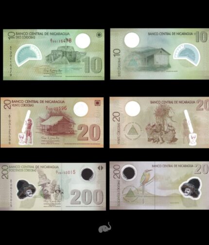 Nicaragua 10, 20 & 200 Cordobas 2017 P-203A-205A UNC Polymer Bank Note