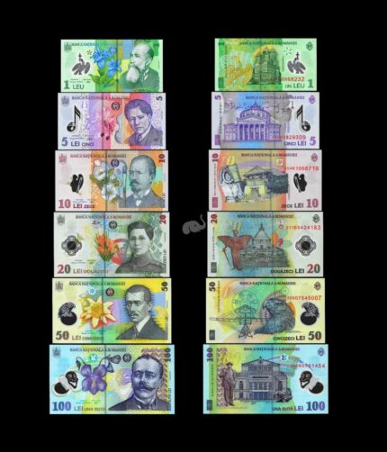 Romania 1 Lei to 100 lei 2005-24 set of 6 UNC Polymer Bank Notes