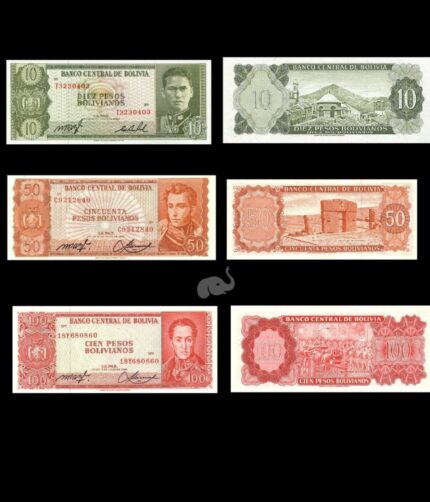 Bolivia 10, 50, 100 Bolivianos 1962 Set of 3 UNc