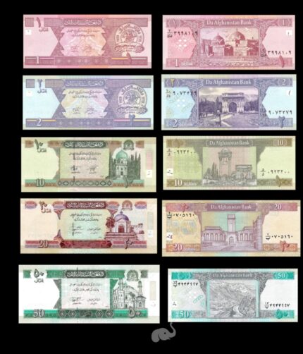 Afghanistan 1, 2 10, 20 , 50 Afghanis 2002-22 UNC Set of 5