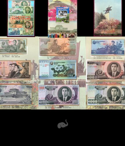 North Korea 1 - 5000 Won set of 9 notes + 1 stamp 2007 Commemorative UNC Extreme Rare