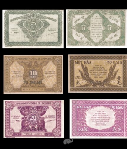 French Indonchina 5 - 20 Cents 1942-43 Rare set of 3 Notes