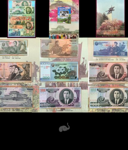 North Korea 1 - 5000 Won set of 9 notes + 1 stamp 2007 Commemorative UNC With Folder Rare