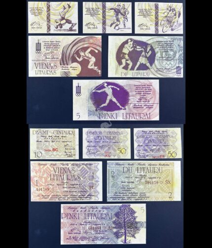 Lithuania 10,50,50 Centauru 1,2,5 Litauru 1991 Olympics Regional Banknotes UNC